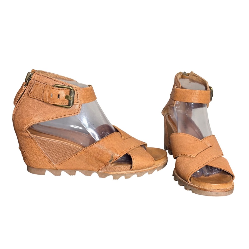 Sorel Tan Joanie II Wedge Sandals Leather Cross Strap Women's Size 10‎